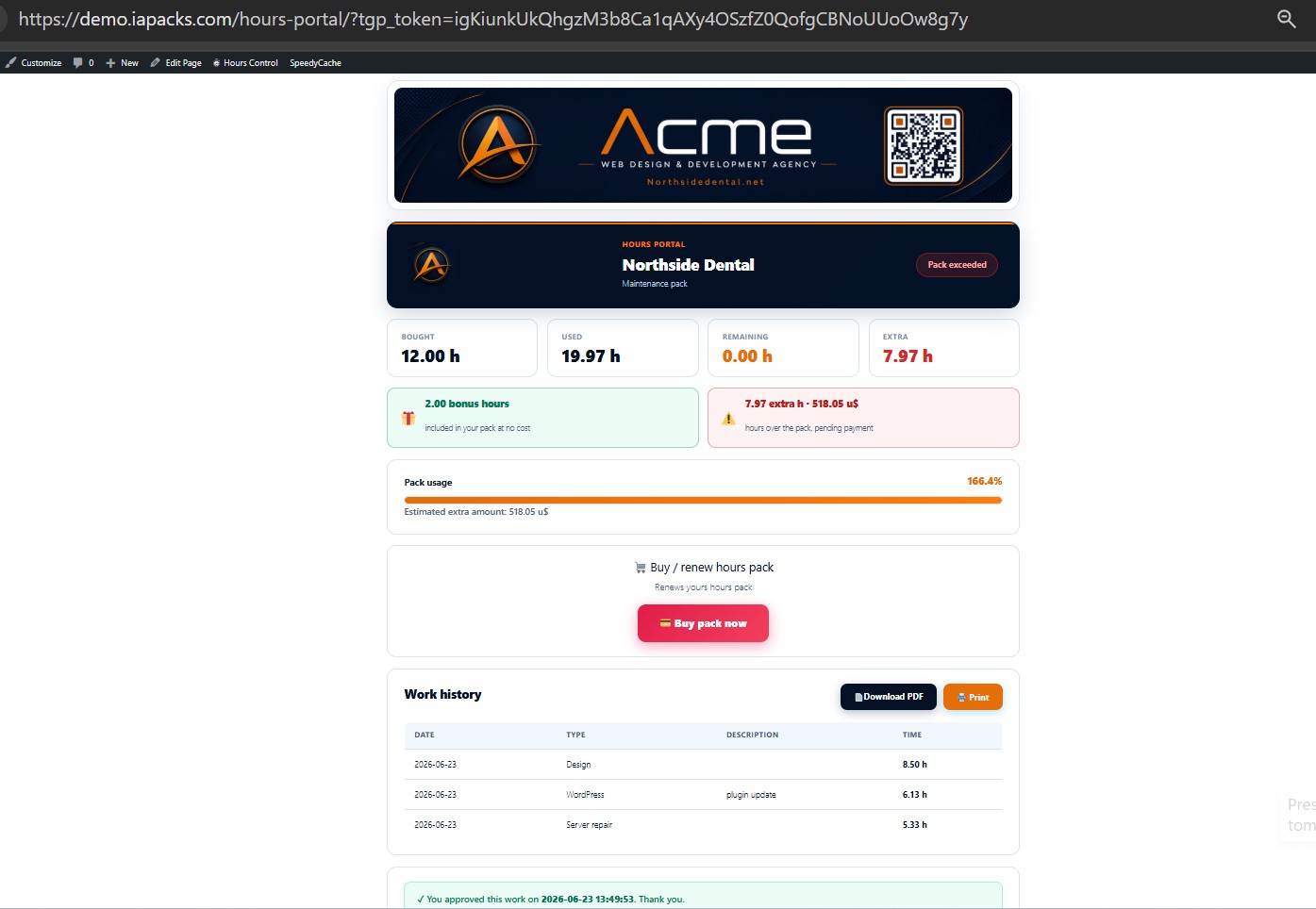 TimeGuard Pro client hours portal, real screenshot