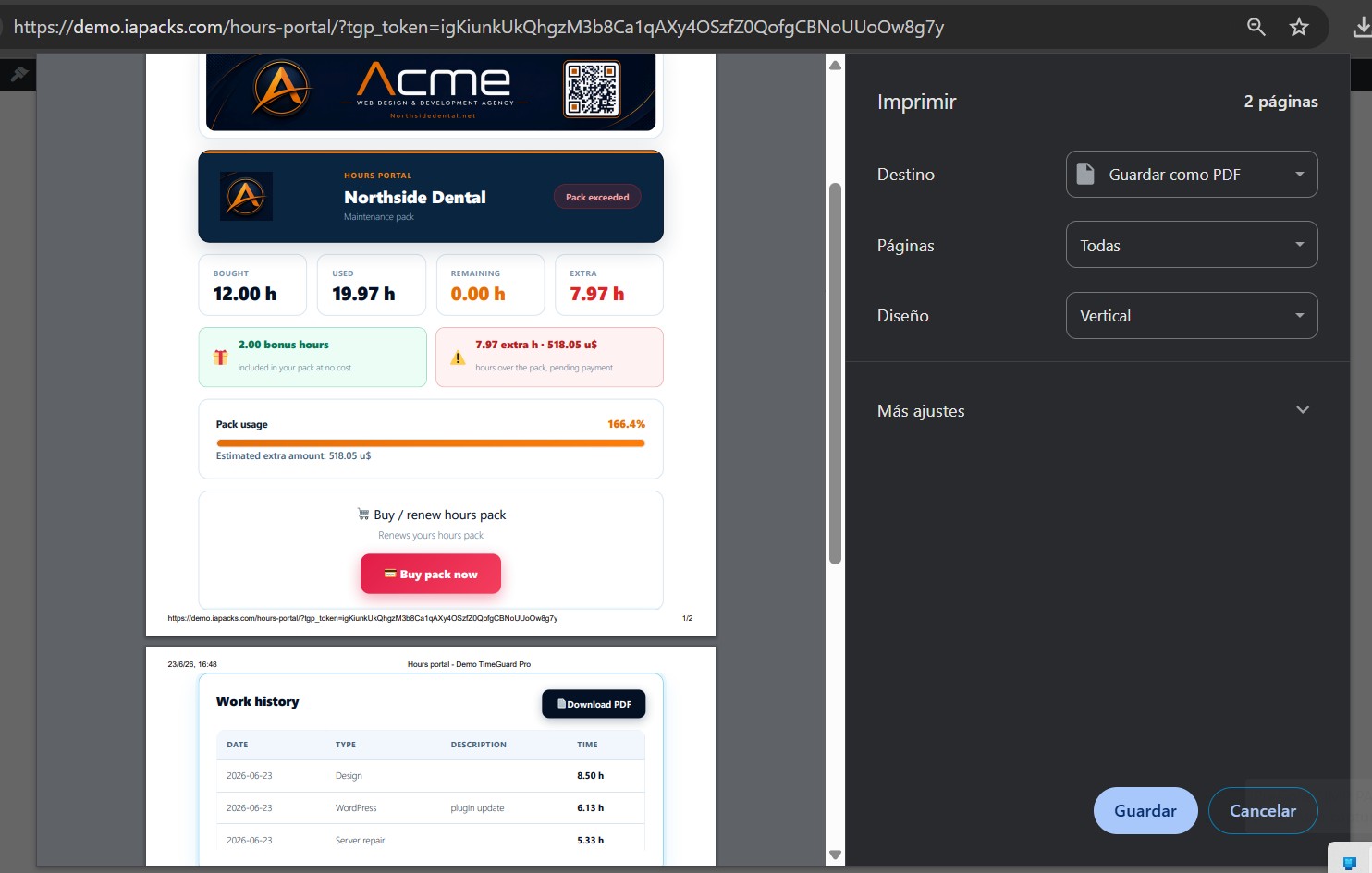 TimeGuard Pro client PDF report, real screenshot
