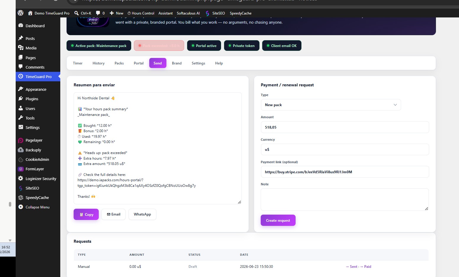TimeGuard Pro send payment request tab, real screenshot