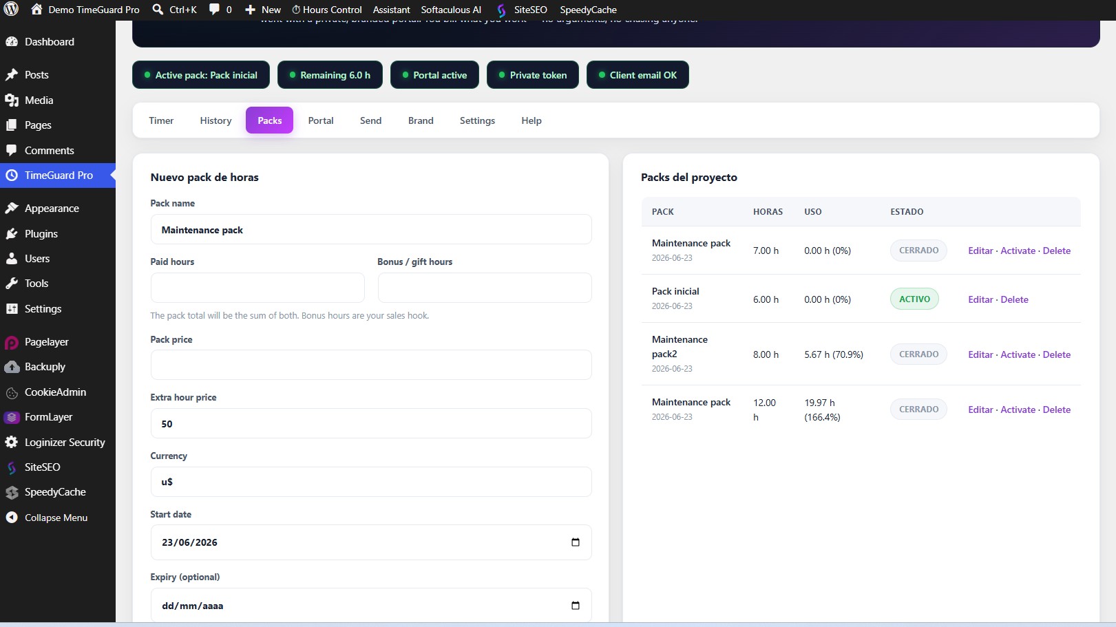 TimeGuard Pro hour packs tab, real screenshot