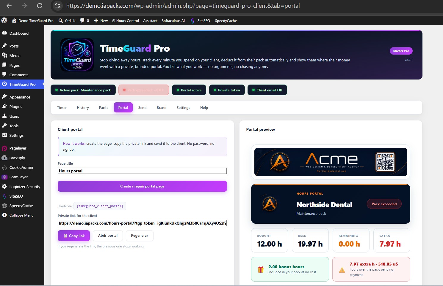 TimeGuard Pro client portal setup tab, real screenshot
